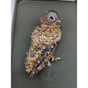 Nolan Miller Glamour Collection Crystal Owl Brooch Pin Gold Tone & Gunmetal